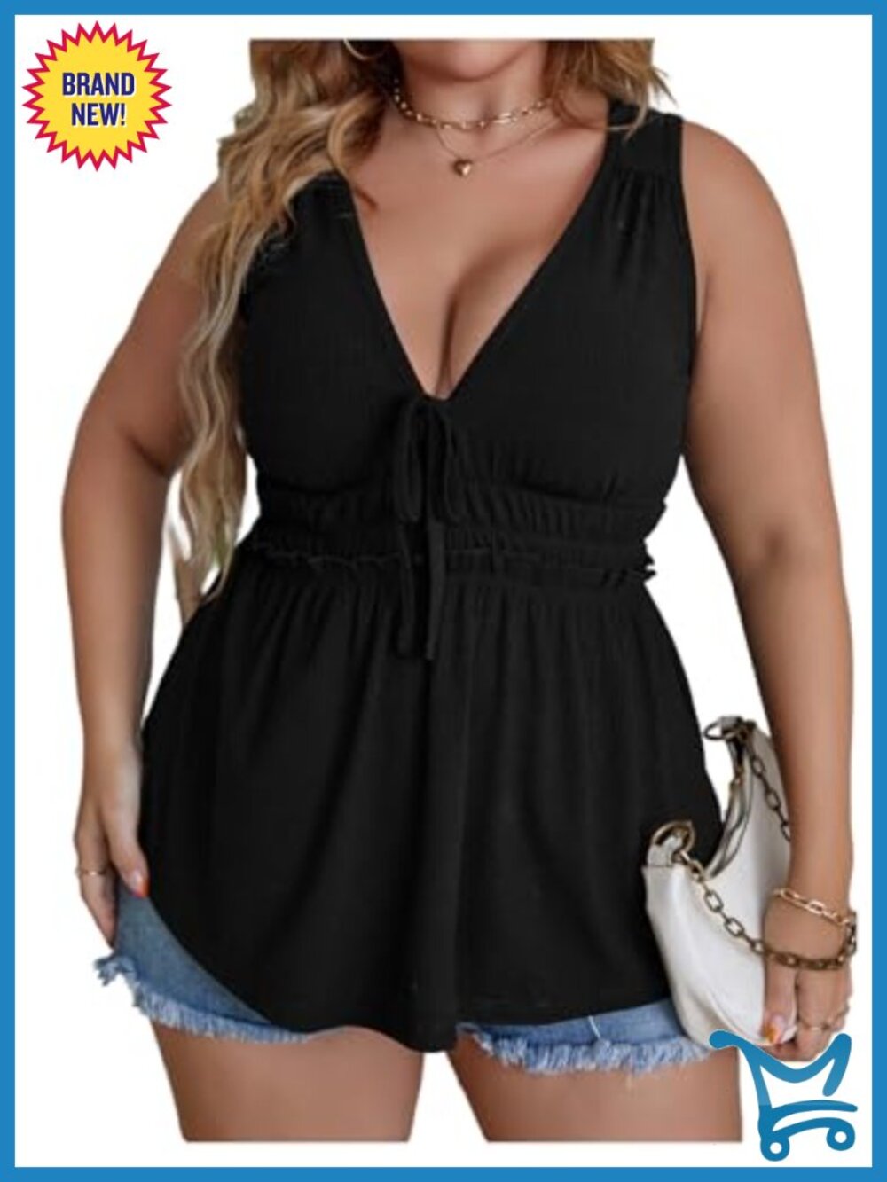 Plus Size V Neck Tank Top Tie Front Ruffle Sleeveless